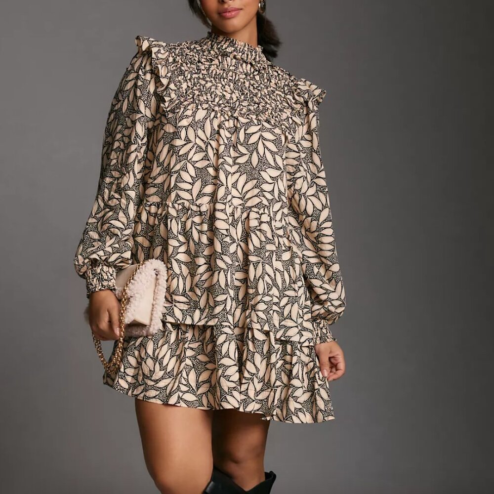 By Anthropologie Long-Sleeve Printed Smocked Mini Dress Size 3X